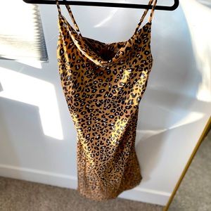 Strappy leopard draped cowl neck dress